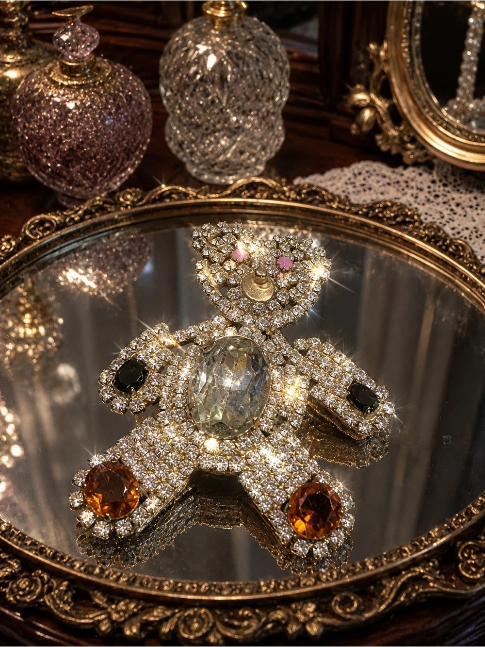 Large Vintage Czech Signed Teddy Bear Brooch